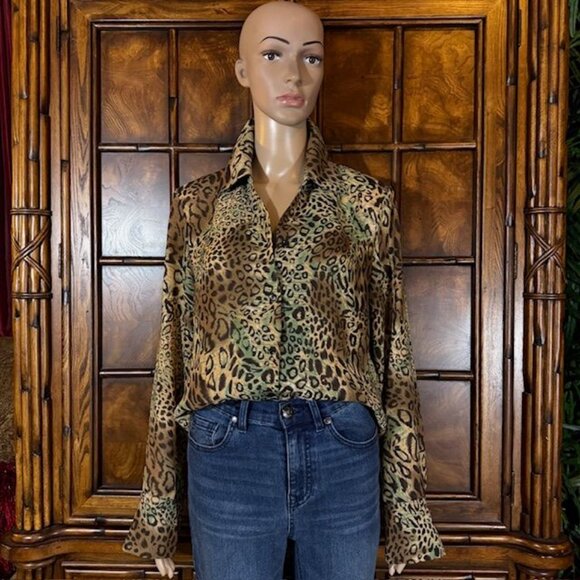 NWOT Kasper Natural Green Leopard Print Wide Cuff Crepe Button Down Shirt - Picture 1 of 13